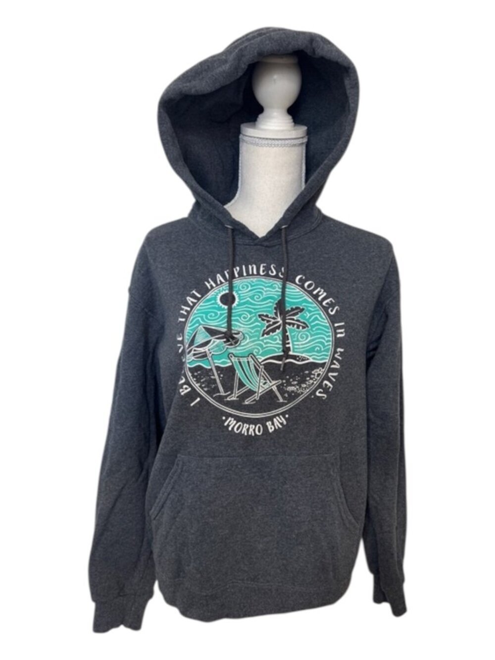 Jerzees Morro Bay Graphic Hoodie Size Small Charcoal with Teal Beach Design